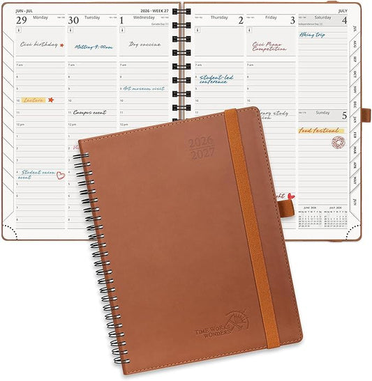 POPRUN Planner 2026-2027 (Medium - 6.5'' x 8.5'') Academic Weekly Calendar (July 2026 - June 2027) with Hourly Time Slots, Monthly Tabs, 100GSM Thick Papers, Spiral Leather Cover - Brown