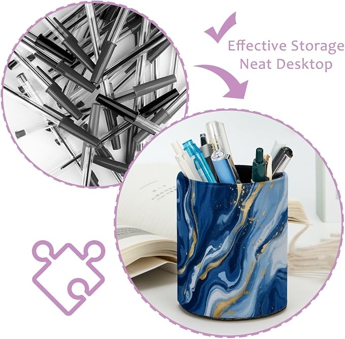 Blue Abstract Fluid Marble Leather Pen Holder for Desk, Multifunctional Desktop Organizer Pencil Cup, Desktop Caddy Stationery Organizer for School Home Office Desk Accessories