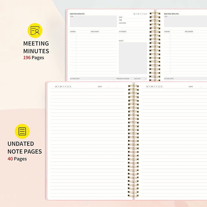 SUNEE Meeting Notebook for Work with Sticky Tabs - 160 Pages, A4 Size Project Planner, Spiral Meeting Agenda/Minutes Notebook Organizer for Women Men, Note Taking, Office & Business, 8.5"x11", Pink
