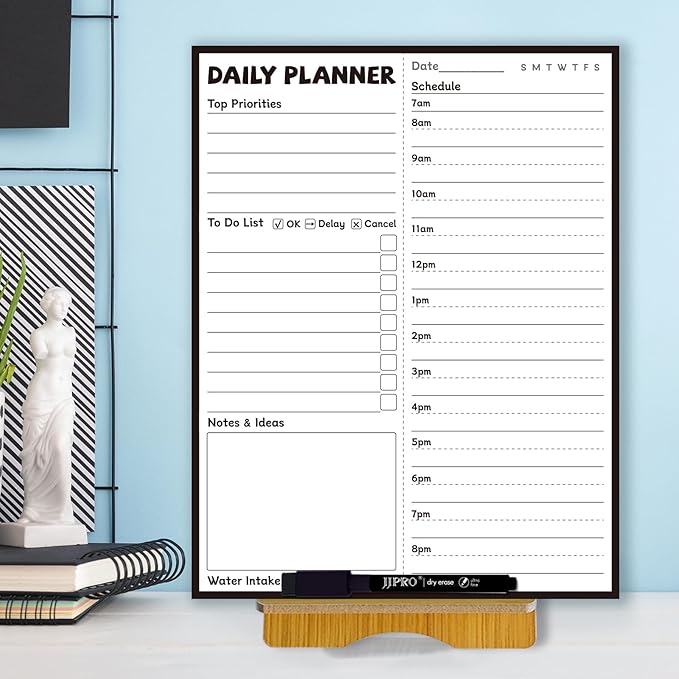 JJPRO Reusable Desktop Daily Planner with Stand,Reusable Time Schedule Board,11"x8.5" Hourly Schedule Dry Erase Board with Time Slots,Desk Hourly Dry Erase Board with Engineered Wood Stand