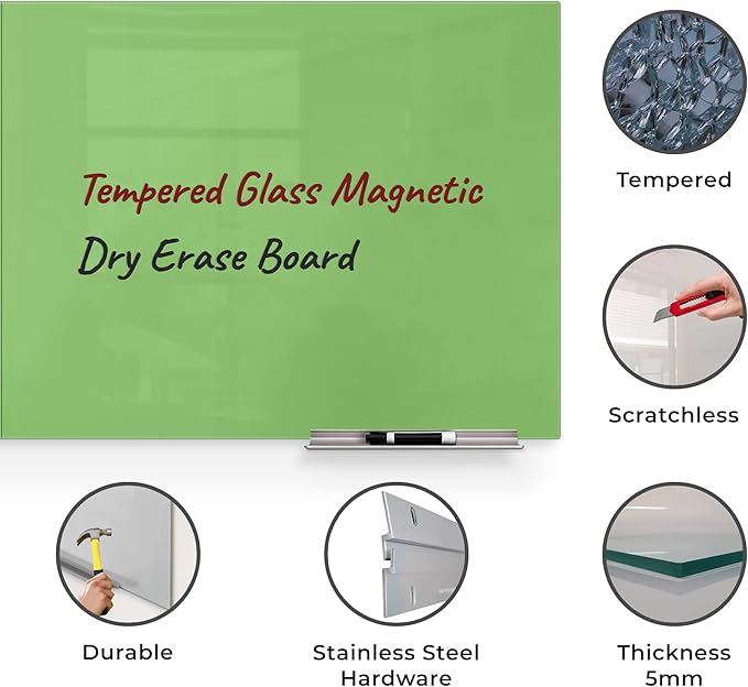 Magnetic Glass Dry Erase Board for Wall, 48"x96" Eased Corners, Green Surface Frameless Glass Board with Markers, Magnets, Eraser, Marker Tray by Fab Glass and Mirror