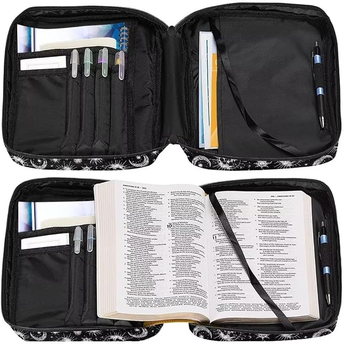 Coldinair Sun Moon Stars Bible Cover for Men Women Teens,Portable Carrying Book Case Church Bag Bible Holder with Handle and Zippered Pocket