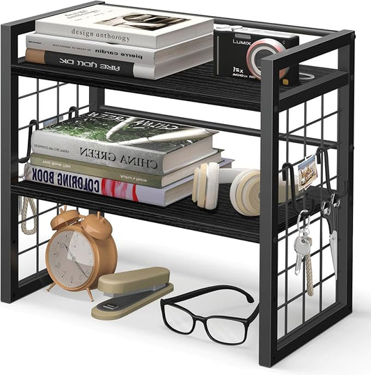 ELITEROO Desk Shelf Organizer, 2 Tier Desktop Bookshelf for Top of Desk Organization, Adjustable Wooden Storage Rack, Table Top Display Shelf for Home Office, Bedroom, Black