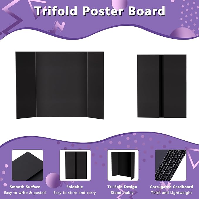 AKONEGE 4 Pack Small Trifold Poster Board 21" x 14" Tri Fold Poster Boards Black Corrugated Cardboard Project Boards for Presentations, School Projects, Science Fair, Exhibition Event Display