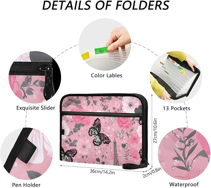 Expanding File Folder Butterfly Rose Eiffeltier Tower Paris France Accordion File Organizer 13 Pockets Document Organizer with Zipper Labels A4 Letter Office Storage