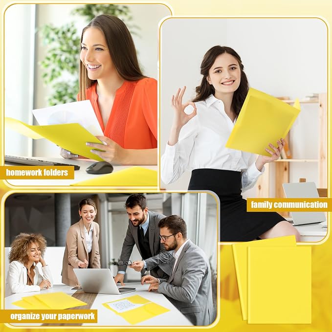 Gueevin 72 Pack Plastic Folder with Pockets, 2 Pocket Folders, Plastic Glossy Folders Fit Letter Size Paper, Heavy Duty Durable File Folder with Business Card for Home Office School (Yellow)