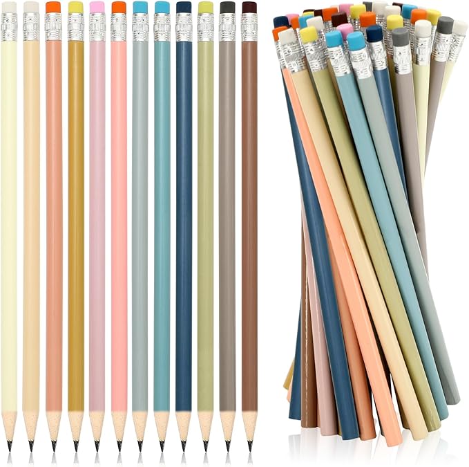 Whaline 48Pcs Boho Colorful Pencil with Erasers Christmas Wooden Pencils Unsharpened Writing Drawing Pencil for Xmas Party Supplies Stocking Stuffer Students Graduation Office Stationery Gift
