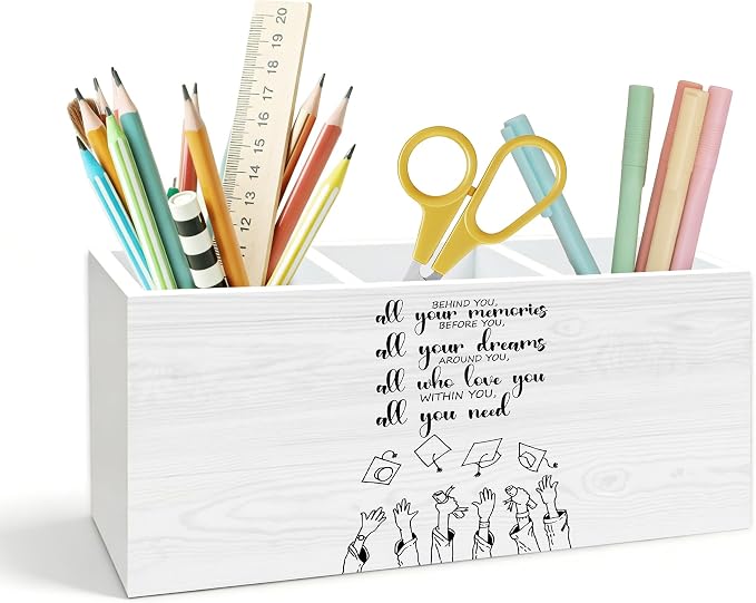 Graduation Quote Pen Holder for Desk, Graduation Gifts, Behind You All Your Memories Wooden Box Pencil Pen Holder Organizer for Home Office Desk Accessories