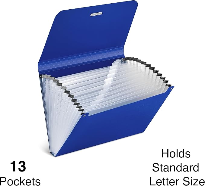Staples Reinforced Accordion File, 13‑Pocket Expanding Organizer, Letter Size, Durable Poly Construction, Blue