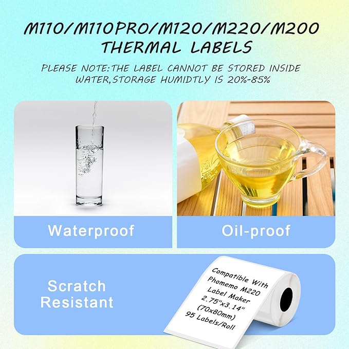 M220 Thermal Labels Compatible with Phomemo M221/M220/M120/M200/M250 Label Printer,2.75"x3.14"(70x80mm), 95 Labels/Roll, Black on White