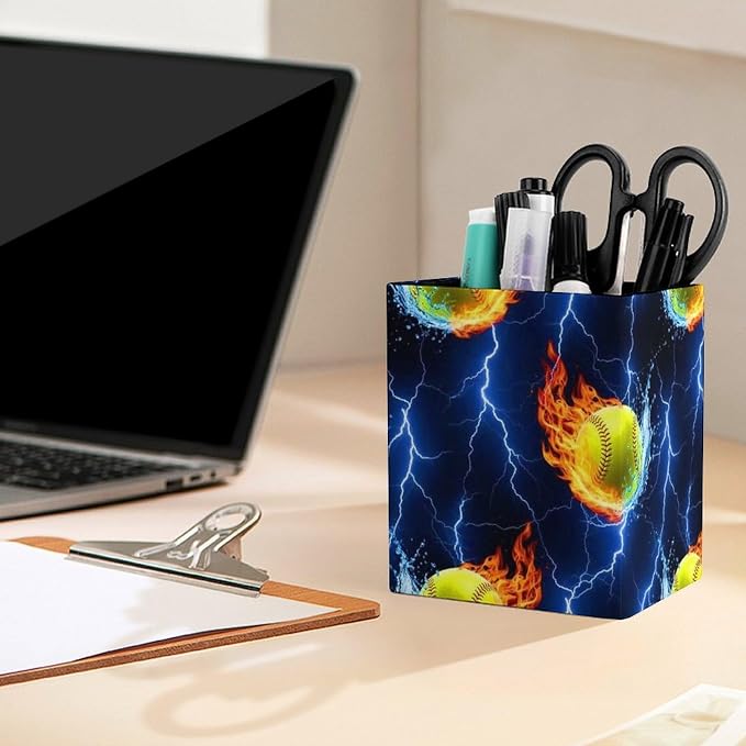 Men's Fashion Pencil Pen Holder Cup, Waterproof Office Supplies, Waterproof Multifunctional Office Supplies Blue Lightning Water Fire Flame Softball
