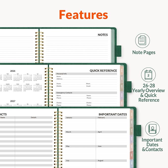 SUNEE 2026-2027 Weekly & Monthly Planner 6.4"x8.5" - 12 Month (July 2026 - June 2027), Vegan Leather Cover Planner Academic Year Calendar, Pocket, Notes, Monthly Tab, Deep Green