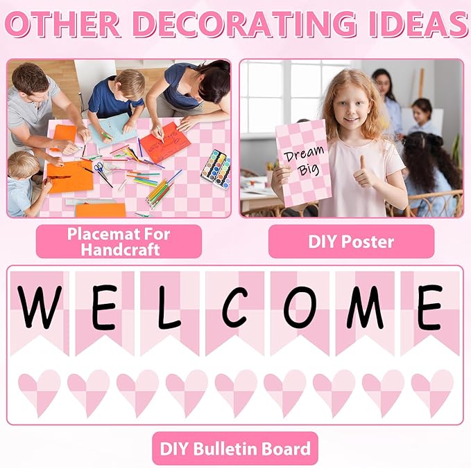 Pink Checkered Bulletin Board Paper Roll Retro Pastel Pink Bulletin Board Background Paper Back to School Classroom Decor Poster for Art Craft DIY Project Home Office Girls Party Supplies 17.7inx20ft