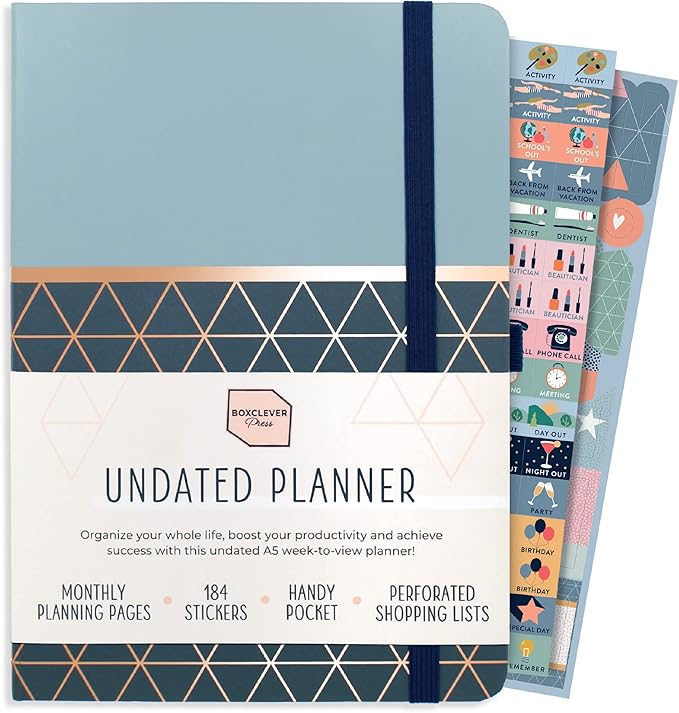 Boxclever Press Undated Planner. Undated Weekly Planner to Schedule, Plan & Organize. Agenda Planner with Tear Out Grocery Lists, Monthly Planning, Planner Stickers & More. 8.5 x 5.5ins