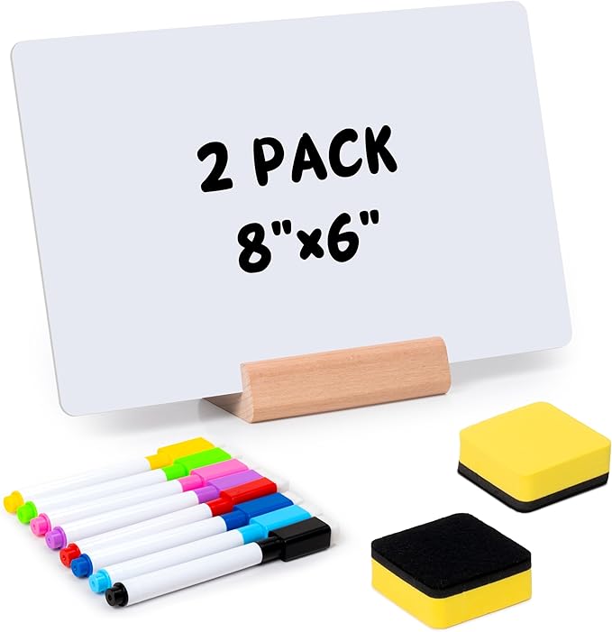 Small Dry Erase Board - 2PCS Whiteboards for Classroom Supplies with 20 Markers and 2 Erasers, Portable Double Sided Lapboard with Wood Base for Students Teachers School Accessories (8 x 6 in)