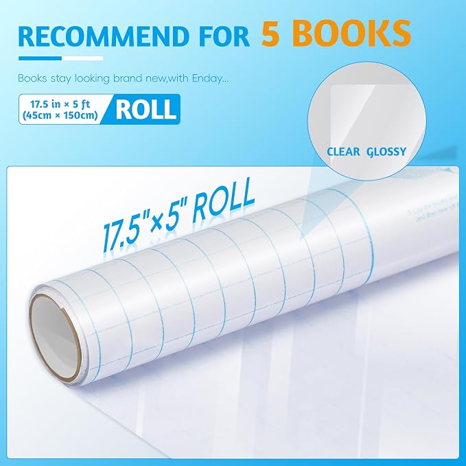 Yeplan Clear Contact Paper Roll,17.5 in x 5 ft,Self Adhesive Book Cover Paper Clear Protector for Crafts Paperback Textbook Hard Covers Documents