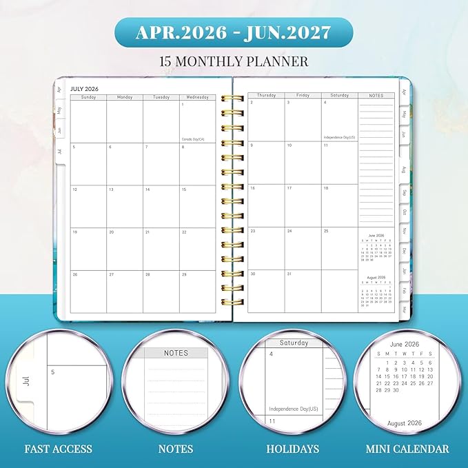 Lonely Oak Academic Planner 2026-2027, Daily Weekly and Monthly Agenda Planner 6.18" x 8.5" with Tabs, 15 Months Spiral School Year A5 Calendar from Apr.2026 to Jun.2027 for Student and Teacher (Cyan Marble)