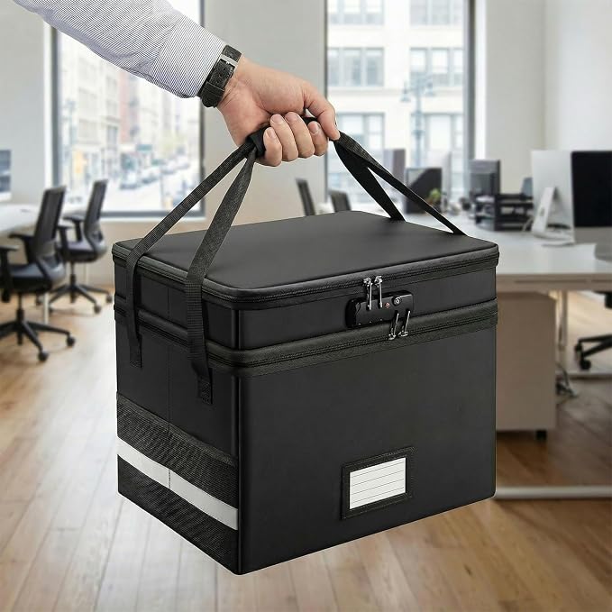 novelinks File Box with Lock, Fireproof Document Box for Home Office,Collapsible Storage Box with Mesh Pockets & Zipper & Handle, Cabinet for Hanging Letter/Legal Folder,Black (Double-layer)
