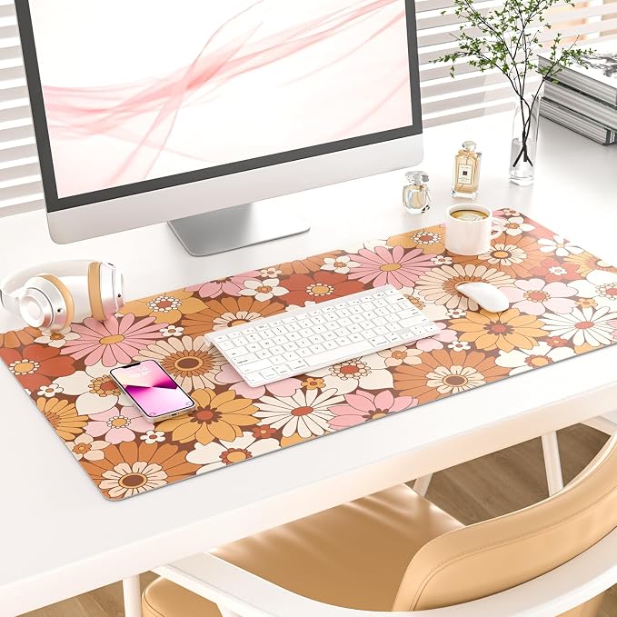 Colorful Star Large Mouse Pad, PU Leather Waterproof Desk Mat, Computer Gaming Mouse Pad, XXL Full Desk Mousepad Non Slip Desk Pad for School Office Home 31.5" x 15.7" - Retro Flowers