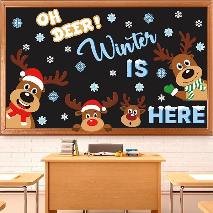 Large Cristmas Bulletin Board for Decor Oh Deer Winter is Here Reindeer Bulletin Boards Set Snowflakes Paper Cutouts Christmas Decorations for Classroom Wall Holiday School Party Supplies