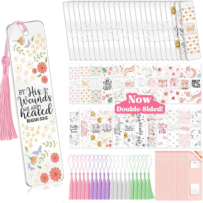 Kaciola 24PCS Acrylic Bookmark Blanks with 24PCS Faith Theme UV DTF Stickers and 4 Colors Tassels,Blank Bookmarks UV DTF Transfers Stickers for DIY Crafts Hanging Tag Gift Bookmarks DIY