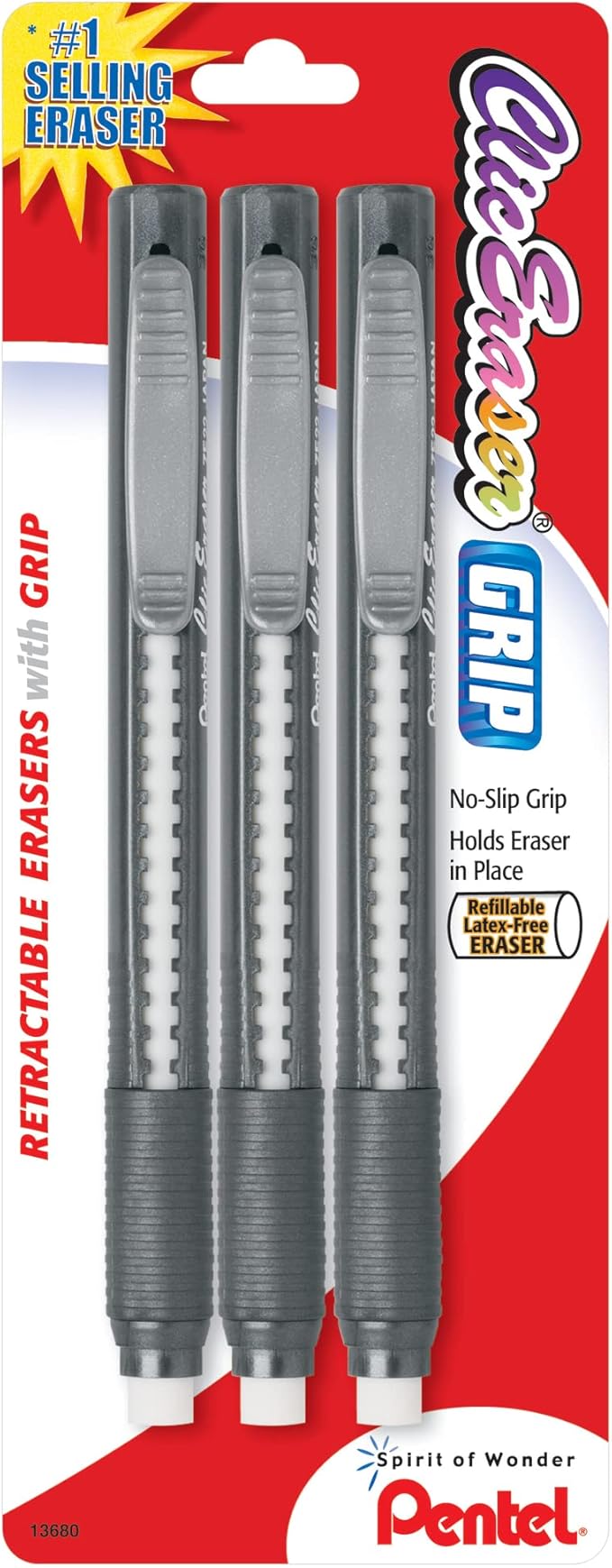 Pentel Clic Retractable Eraser with Grip, Assorted Barrel Colors, Pack of 3 (ZE21BP3K6)