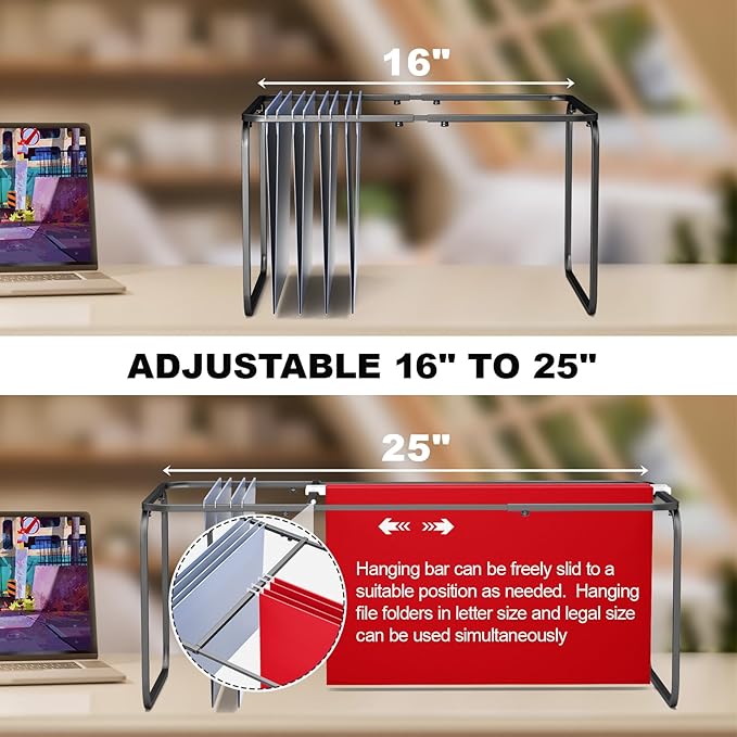 Upgraded Adjustable Hanging File Folder Frame,Legal/Letter Size,Length Adjusted 16 to 25 inches,Heavy Duty Steel File Drawer/Cabinet Organizer Insert, Hanging Folder Holder,12.598" W X 9.45" H