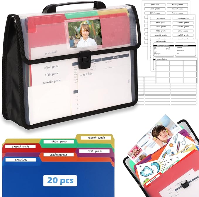 School Years Organizer Kit Clear Plastic Storage Tote with 20 Letter Size Colored Manila Folders 60 Reusable Sticker Labels School Memory Keepsake Box for Pre K to 12th Grade DIY Organization (Black)