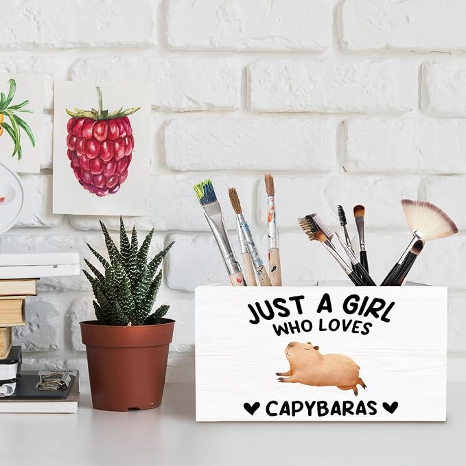 Funny Capybara Pen Holder for Desk, Capybara Lover Gifts Pencil Organizer, Just a Girl Who Loves Capybaras Wooden Box Sign Desk Decor for Home Office Decoration
