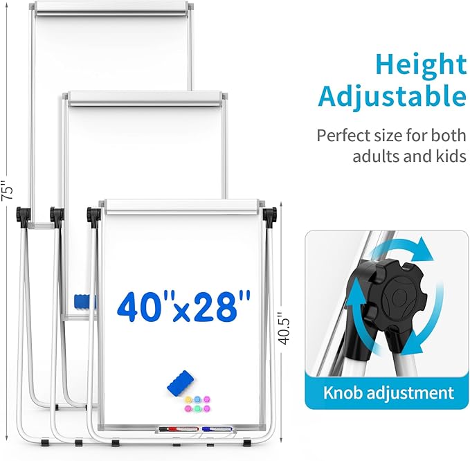 U Stand Double Sided Magnetic Dry Erase Board with Easel Stand, 40"x28" Whiteboard with Flipchart Paper Pad (25 Sheets)- Height Adjustable Standing Whiteboard for Office, Homeschooling & Studio, White