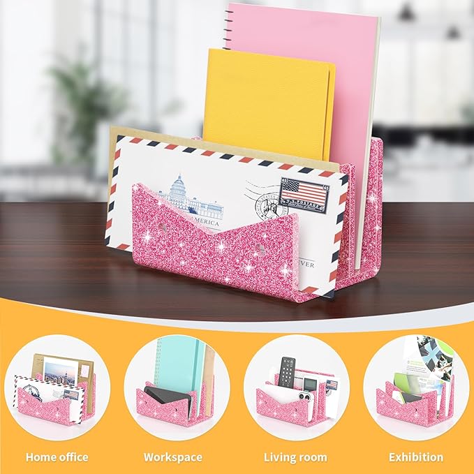 Mail Organizer Envelope Holder - 3 Compartments Glitter Pink Acrylic Mail Holder Countertop Vertical Desk Organizer Small File Bill Document Notebook Letter Sorter for Home School Office