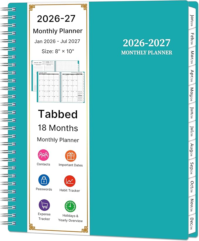 2026-2027 Monthly Planner, 18 Monthly Calendar Planner, January 2026 - June 2027, 8’’ x 10’’, 2026 Spiral Agenda with Tabs ＆Pocket, Flexible Cover, Organizer Notebook for Office Home School, Green