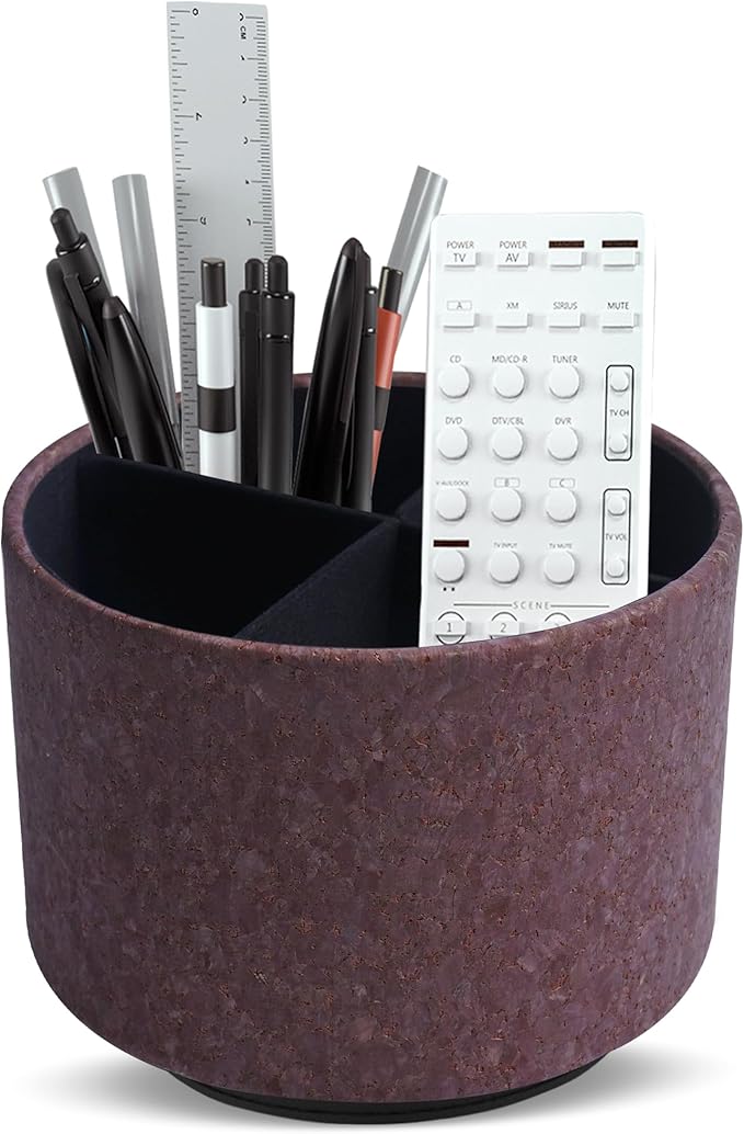 Round Leather Art Supply Organizer,Remote Control Holder,360 Degree Spinning,Multi-Functional Pencil Holder,4 Compartments Desktop Stationary Organizer(1-Soft Dark Brown2)