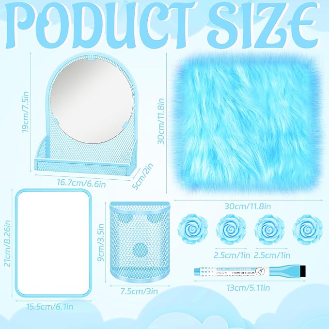 8 Pcs Blue Locker Accessories Kit Blue Magnetic Mirror, Magnetic Pen Holders, Cute Flower Magnets, Locker Organizer Supplies Back to School Stuff Gift Locker Accessories for Girls