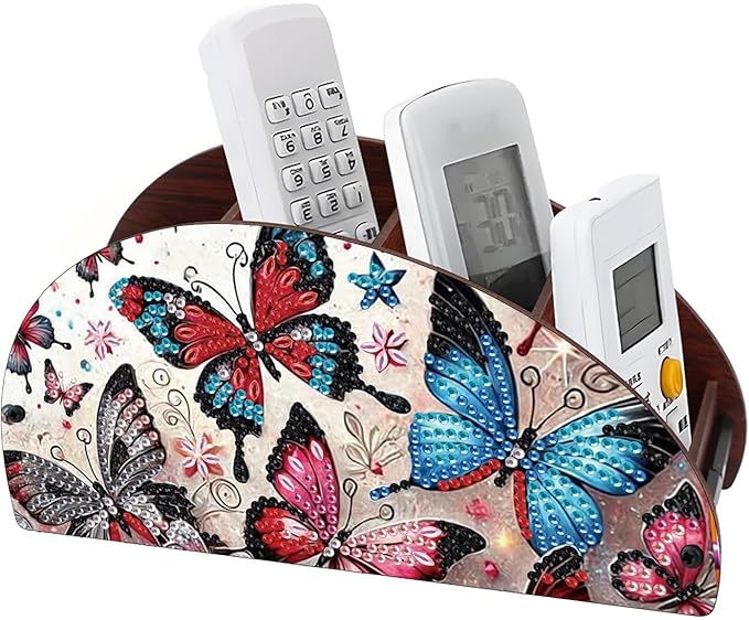 Remote Control Holder with 4 Compartments, DIY Diamond Art Painting Wooden Half Moon TV Control Holder for Remote Controllers, Office Supplies, Makeup Brush, Media Accessories-Butterfly-2