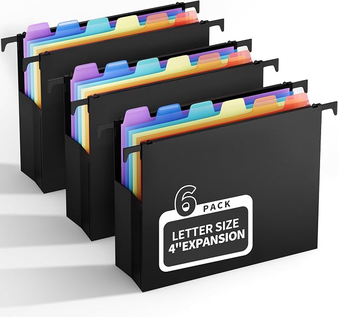 Uquelic Plastic Hanging File Folders Letter Size, 6 Pack Reinforced Heavy Duty Hang Folder with Movable Bright Dividers, Adjustable Tabs, 4" File Organizer for Filing Cabinet, School, Office