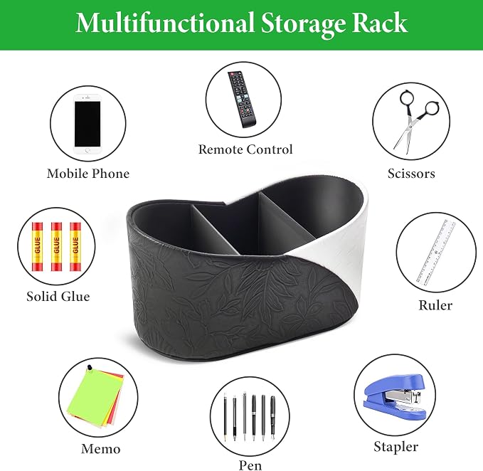 Two Leaves Shaped Leather Art Supply Organizer,Remote Control Holder,Multi-Functional Pencil Holder,3 Compartments Desktop Stationary Organizer(1-Black White)