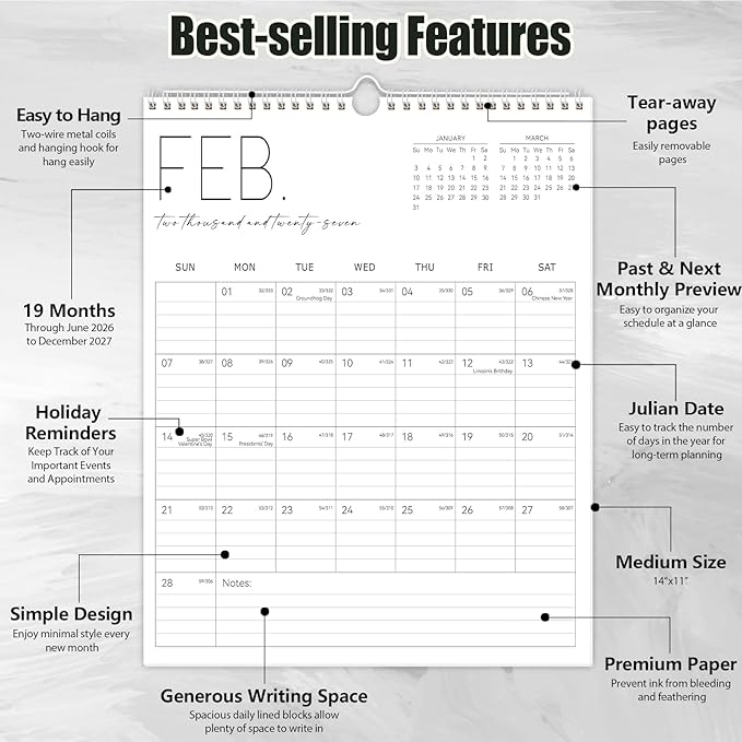 Guasslee Wall Calendar 2026-2027, Vertical Calendar Wall 2026, Jun. 2026-Dec. 2027, 19-Month Paper Calendar Spiral Bound, Monthly Planner Wall for Office School Home Easy Organizing, 14” X 11”