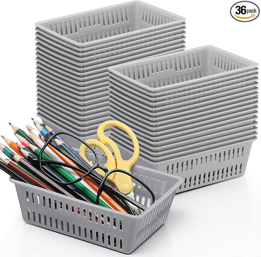 Sherr 36 Pack Classroom Storage Basket Small Plastic Basket for Organizing Crayon Pencil Container Storage Bin Tray Holder for Paper Shelf Back to School Office Supply 6.1" l x 4.3" w x 2.4" h(Gray)