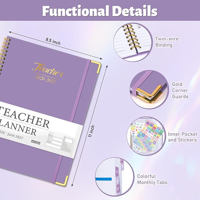 Teacher Planner 2026-2027, Jul 2026-Jun 2027 Academic Year, 8.5" x 11" Lesson Planner Book for Teachers Calendar, Spiral Bound Planners, Colorful Monthly Tabs, Hardcover, Corner Protectors - Purple