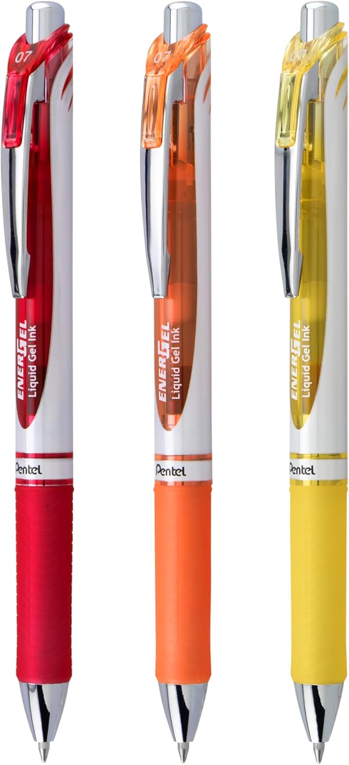 Pentel EnerGel RTX Retractable Liquid Gel Pen, Happiness Hue, 0.7mm, Red, Orange and Yellow ink, Pack of 3 Pens (BL77HAPBP3M)