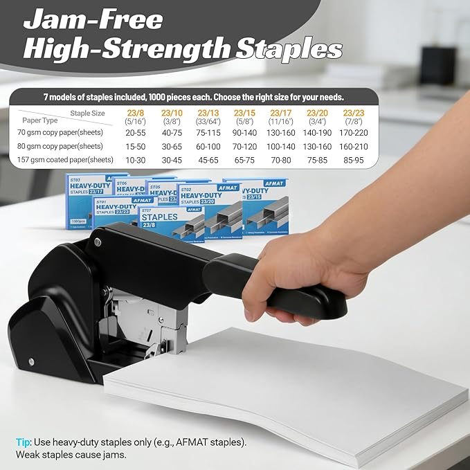 AFMAT Heavy Duty Stapler, 210 Sheet Staplers for Desk with 7000 Staples, Jam-Free, 50000+ Uses, 60% Reduced Effort, Easy Reload, Adjustable Paper Guide, Large Metal Manual Office Staplers, ES15