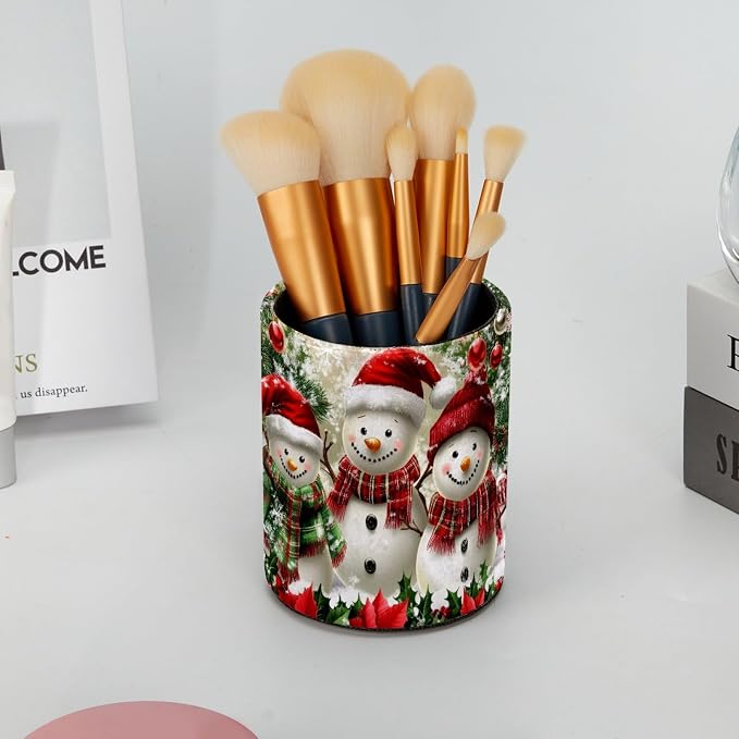 Pencil Holder for Desk, Christmas Snowman Tree Pen Cup Makeup Brush Holder, Leather Desktop Organizer Storage Case Stationery for School Home Office Supplies