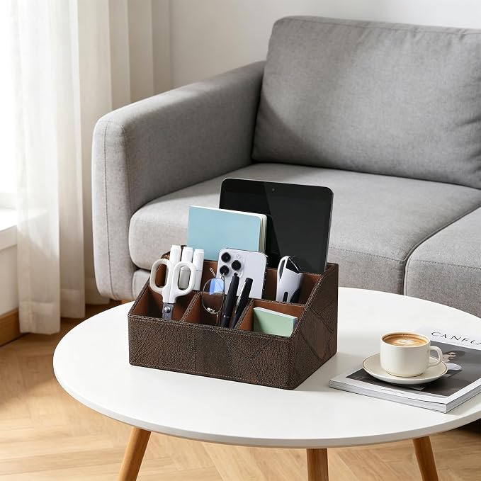 PU Leather Desktop Organizer, Home Luxury Remote Control Holder, Office Desk Accessory and Nightstand Storage Box, Vintage Style, Suitable for Living Room Tabletops (Brown Vintage)