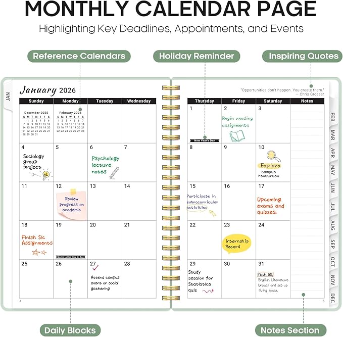 2026 Planner, Weekly and Monthly Calender Planner, Jan 2026 to Dec 2026, Hardcover 2026 Calendar Book with Tabs & Inner Pocket, Office Home School Supplies for Women & Men - A4 (8.5" x 11"), Mint