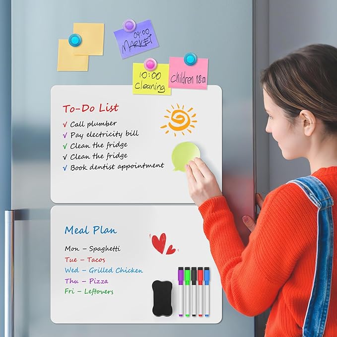 MaxGear 5 Pack Magnetic Whiteboard Sheets for Fridge, 12"x 8" Small Refrigerator Dry Erase Board for Kitchen Organizer and Planner, Smooth and Reusable, Includes 5 Markers, 5 Magnets and 1 Eraser