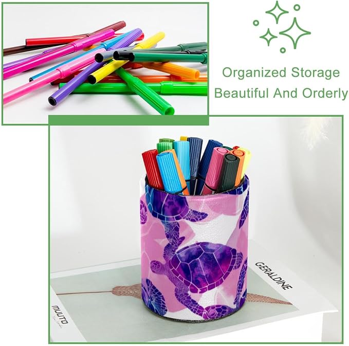 Round Pencil Holder for Desk, Sea Turtles Seamless Purple Pattern Large Pencil Pen Cup, Desk Accessories & Workspace Desk Organizer for Home, School, Office