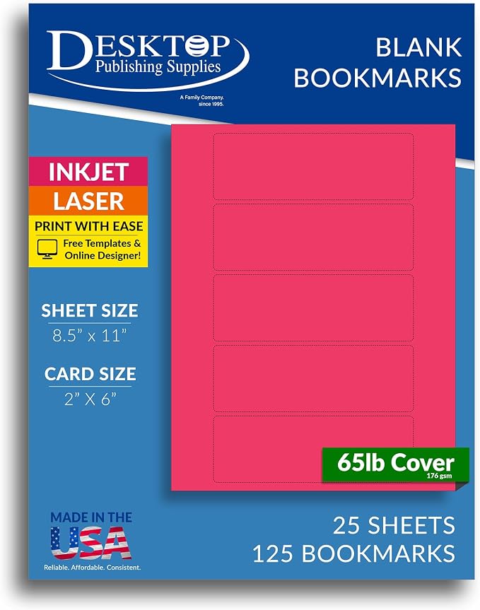 Printable Bookmarks - Blank Bookmark Printing Paper for Inkjet & Laser Printers - 2" x 6" Perforated Bookmarks 5 per Page - 25 Sheets / 125 Book Marks (Bright Pink)