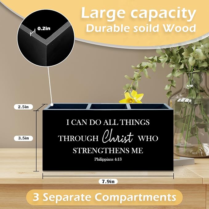 Inspirational Christian Pen Pencil Holder, Christian Desk Accessories, I Can Do All Things Through Christ Bible Verse Wooden Pen Pencil Organizer for Office Home Bedroom Desk Decor