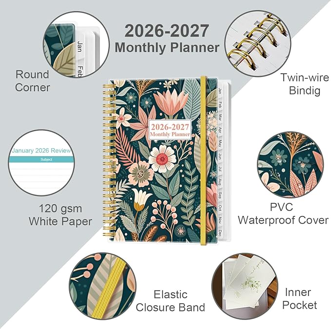 2026-2027 Monthly Planner - January 2026 - June 2027, Two Pages Per Month, 18 Monthly Calendar/Planner with Tabs, Inner Pocket, 6.4" x 8.5", Flower-C